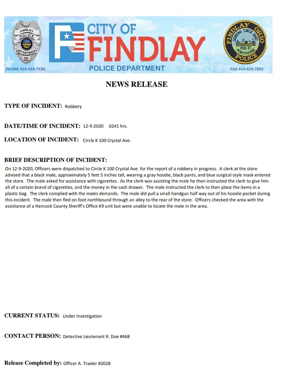 Findlay Circle K Robbery Press Release